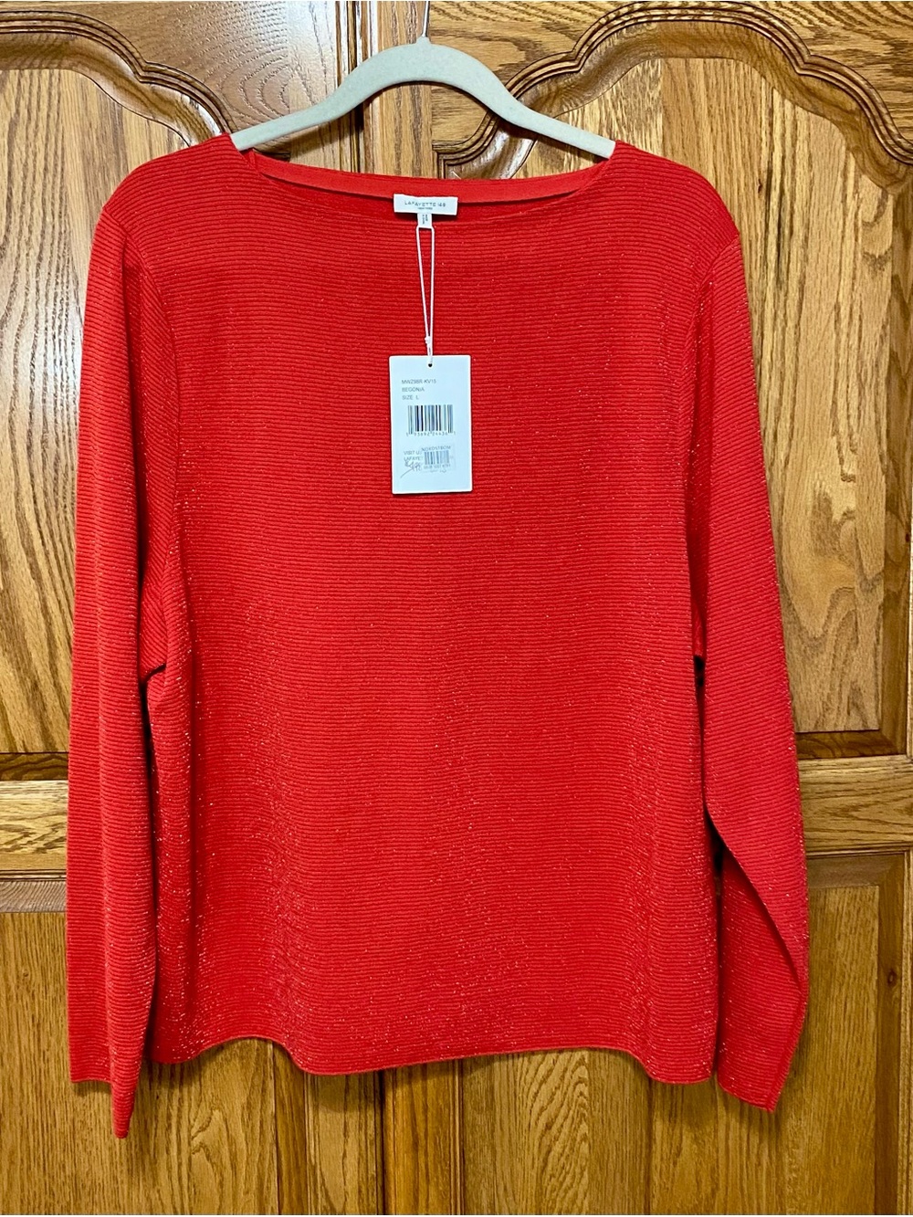 Lafayette 148 New York Long Sleeve Begonia Wide Neck Ribbed Knit Top Large NWT